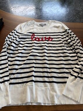 Marled White and Black Striped Crewneck Sweater with Red "love" Script